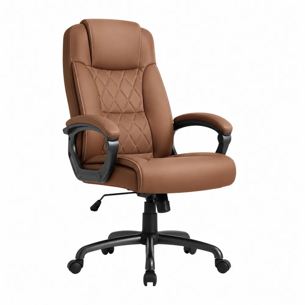 Chaise de bureau pivotante à haut dossier 65 x 70 x 112-122 cm revêtement PU marron base nylon noir avec accoudoirs et réglage hauteur