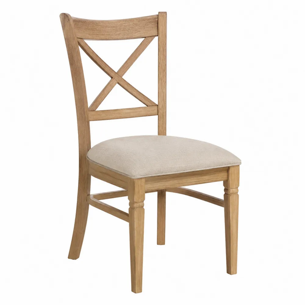 Chaise de salle à manger dossier croisé 45 cm x 52 cm x 92 cm bois d’hévéa naturel assise tissu beige
