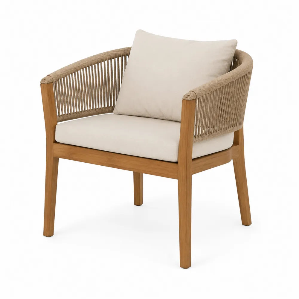 Fauteuil de jardin en bois d’acacia naturel et corde polyester beige avec coussin