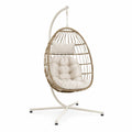 Fauteuil suspendu œuf en résine tressée PE et acier blanc beige avec coussins écrus 105 cm x 105 cm x 195 cm