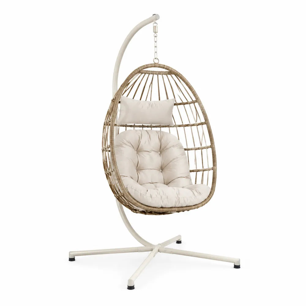Fauteuil suspendu œuf en résine tressée PE et acier blanc beige avec coussins écrus 105 cm x 105 cm x 195 cm