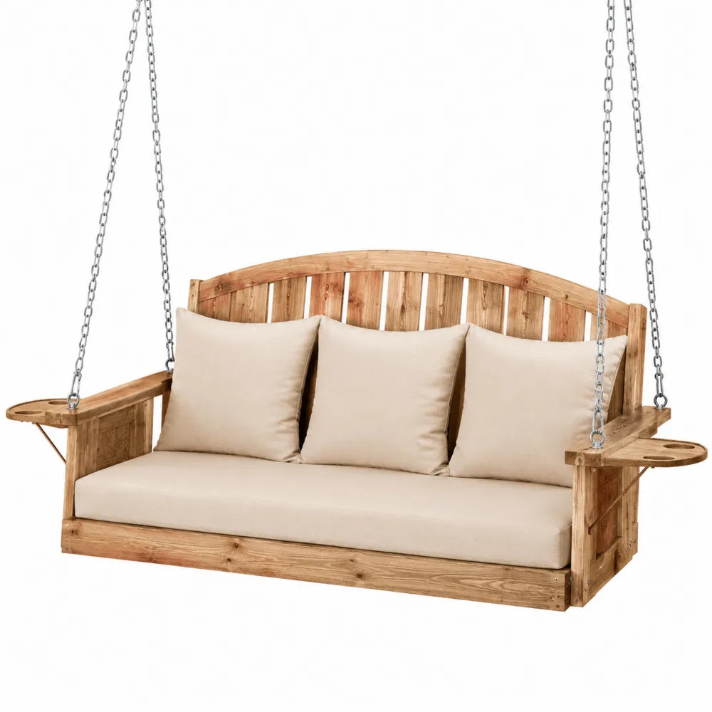 Banc suspendu de jardin 3 places en bois massif naturel avec coussins beige et chaînes en acier