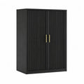 Armoire de rangement salon 2 portes en MDF noir rainuré poignées dorées 90 x 40 x 120 cm