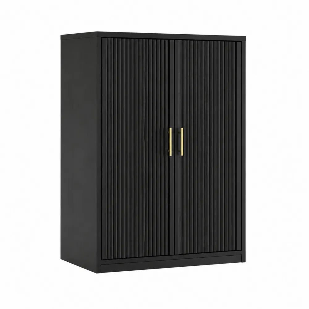 Armoire de rangement salon 2 portes en MDF noir rainuré poignées dorées 90 x 40 x 120 cm