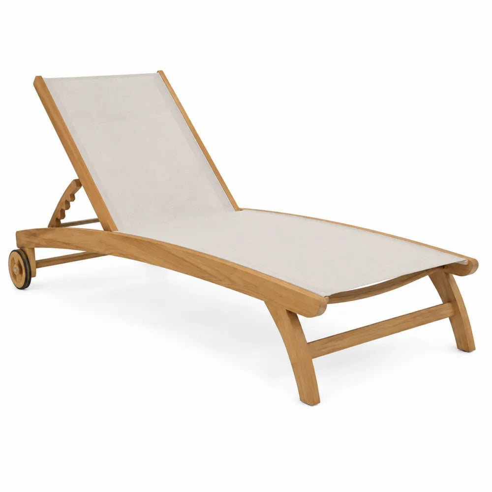 Chaise longue de jardin réglable à roulettes 190 x 70 x 86 cm en bois d’acacia massif et textilène beige