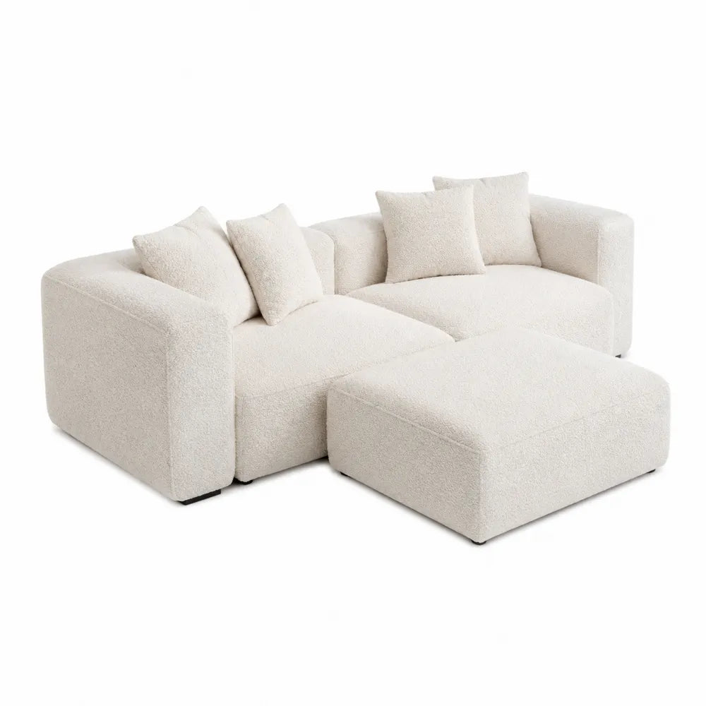 Canapé modulable 2 places en polyester bouclé écru avec ottoman 210 x 150 x 75 cm
