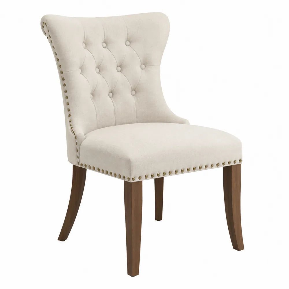 Chaise de salle à manger capitonnée dossier haut 55 cm x 62 cm x 96 cm bois massif revêtement polyester beige pieds bois naturel