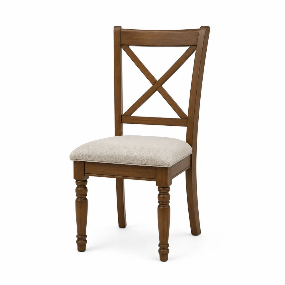 Chaise de salle à manger en bois massif dossier croisé assise rembourrée polyester beige 45 cm x 52 cm x 96 cm