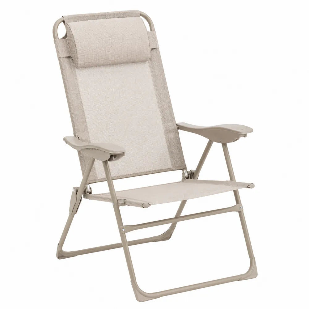 Chaise de jardin pliante inclinable avec accoudoirs et appui-tête acier peint textilène beige 63 cm x 78 cm x 104 cm
