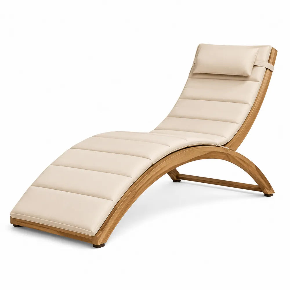 Chaise longue de jardin inclinable en bois massif naturel avec coussin beige 200 cm x 60 cm x 85 cm