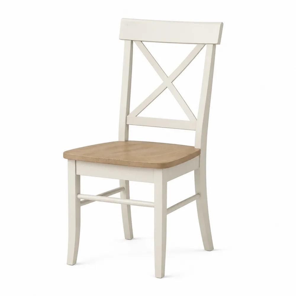 Chaise de salle à manger 45 x 52 x 90 cm en bois massif blanc cassé avec assise bois naturel dossier croisé