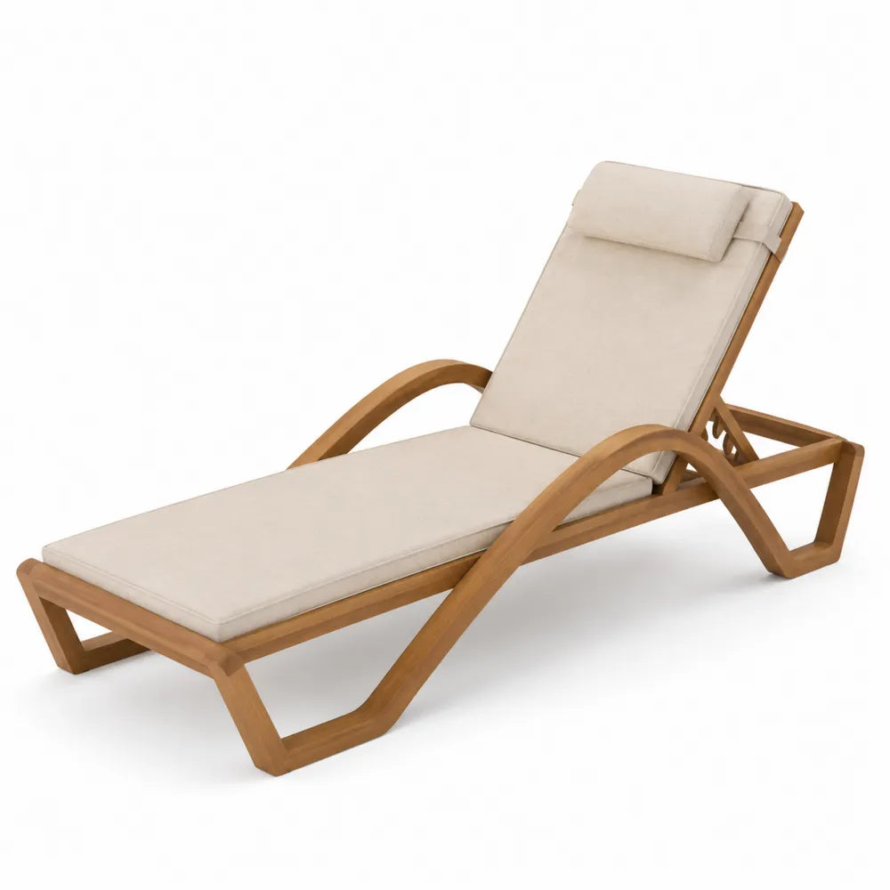 Chaise longue de jardin inclinable en bois d’acacia et coussin beige 200 cm x 65 cm x 85 cm