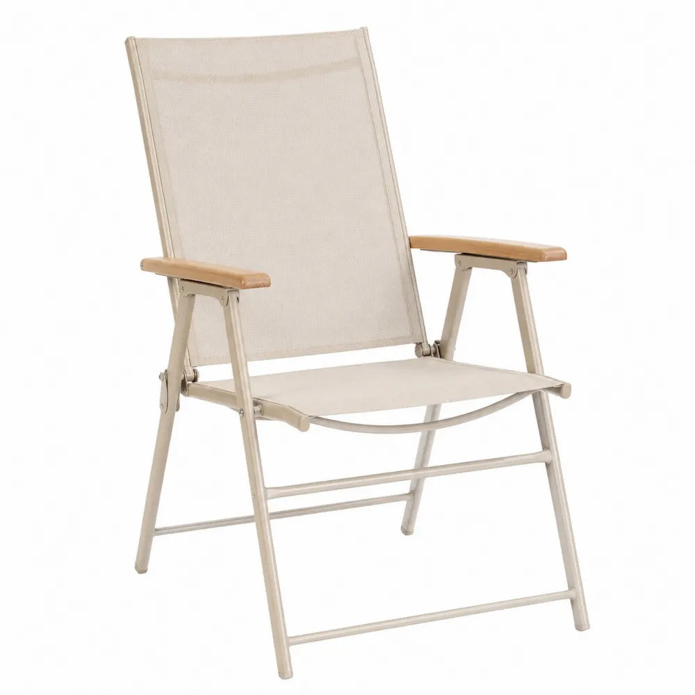 Fauteuil de jardin pliant inclinable avec accoudoirs aluminium peint textilène beige accoudoirs bois naturel 68 cm x 60 cm x 110 cm