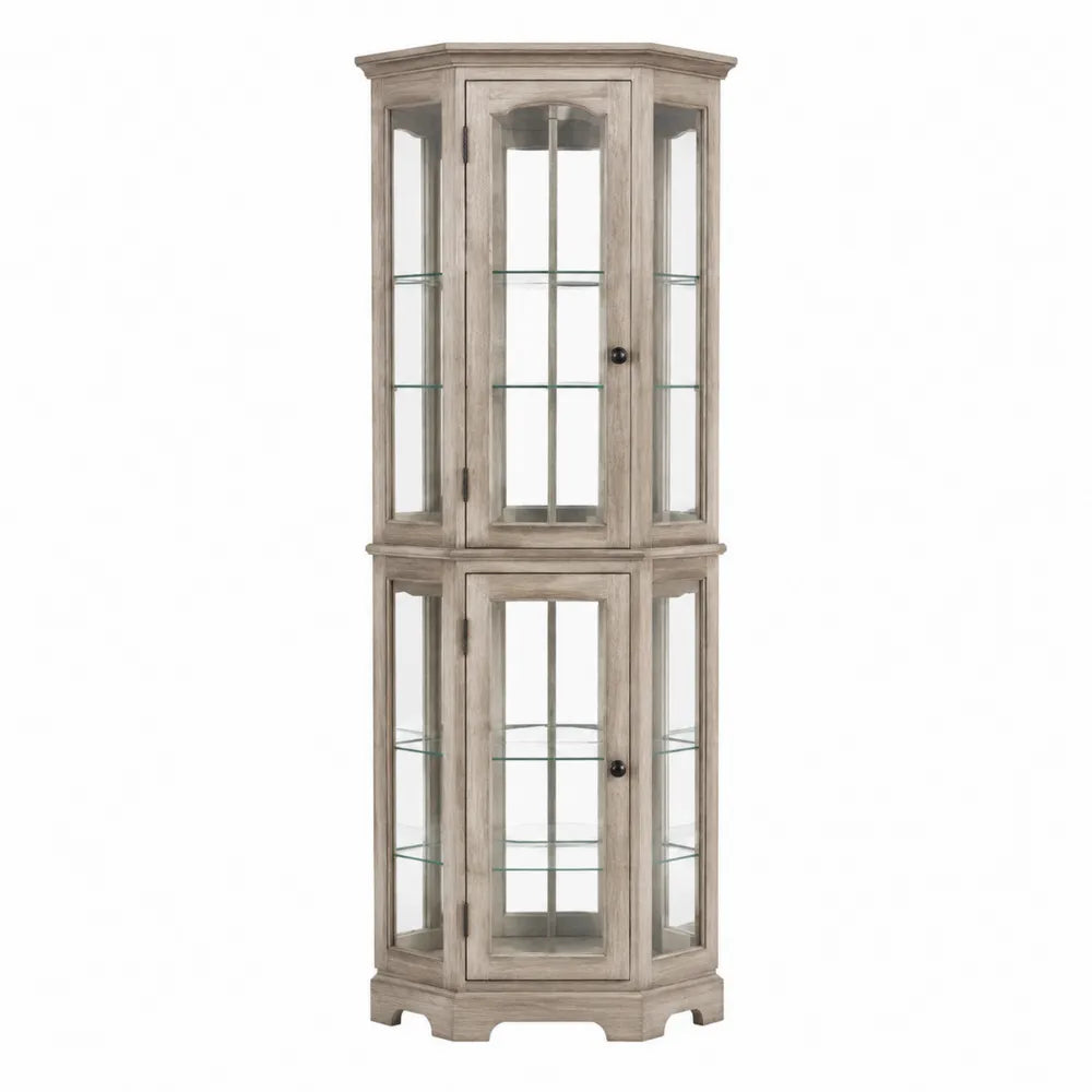 Vitrine d’angle avec portes vitrées en MDF décor chêne grisé et verre trempé 70 x 45 x 180 cm