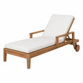 Bain de soleil de jardin réglable avec roulettes en bois d’acacia naturel et coussin blanc 200 cm x 70 cm x 86 cm