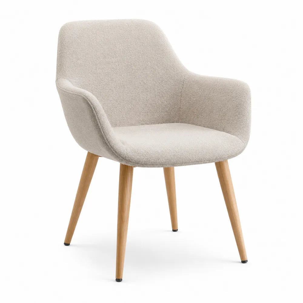 Chaise de salle à manger avec accoudoirs 58 cm x 60 cm x 84 cm revêtement polyester bouclé beige pieds bois naturel