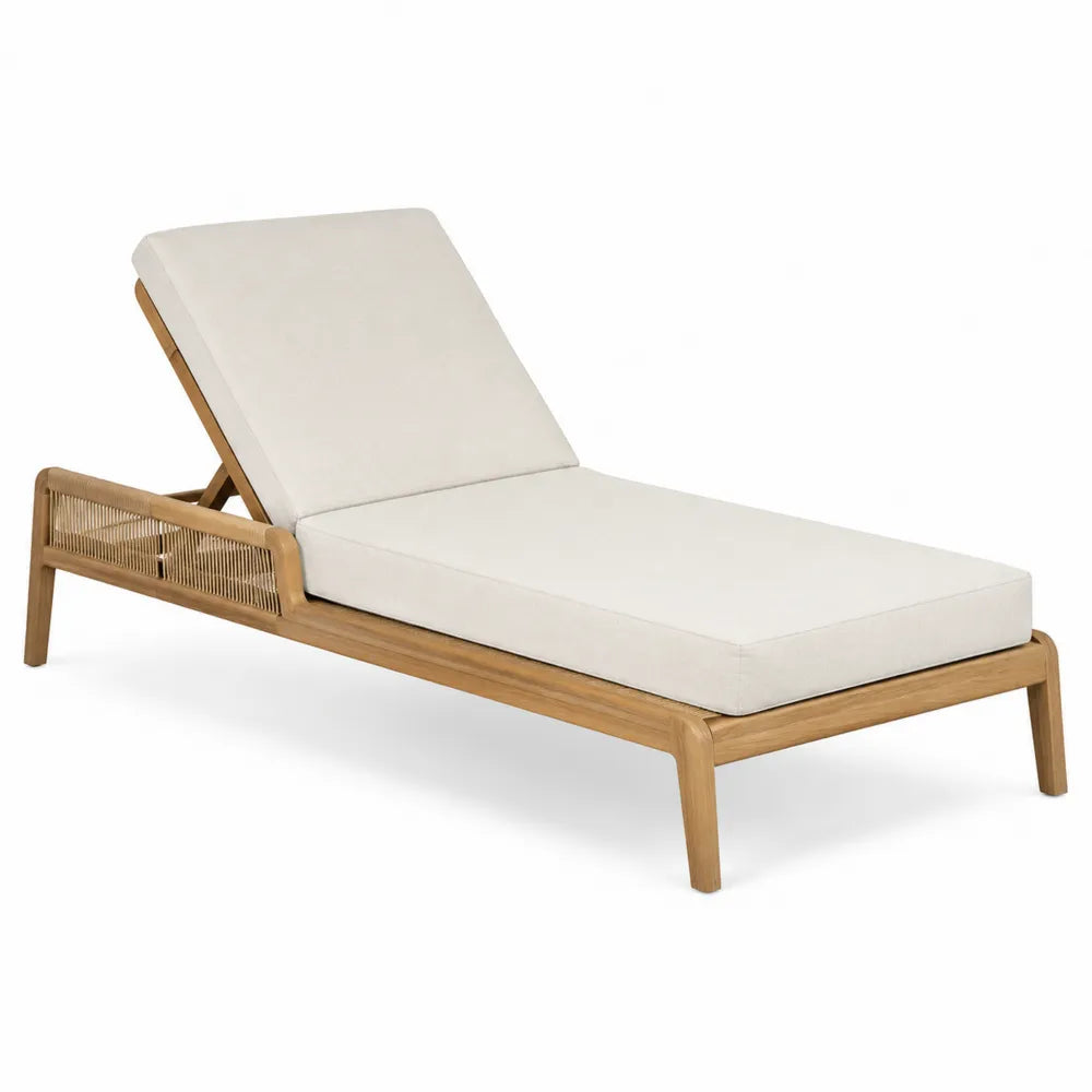 Bain de soleil de jardin réglable en bois d’acacia naturel avec corde latérale et coussin beige 200 cm x 70 cm x 82 cm
