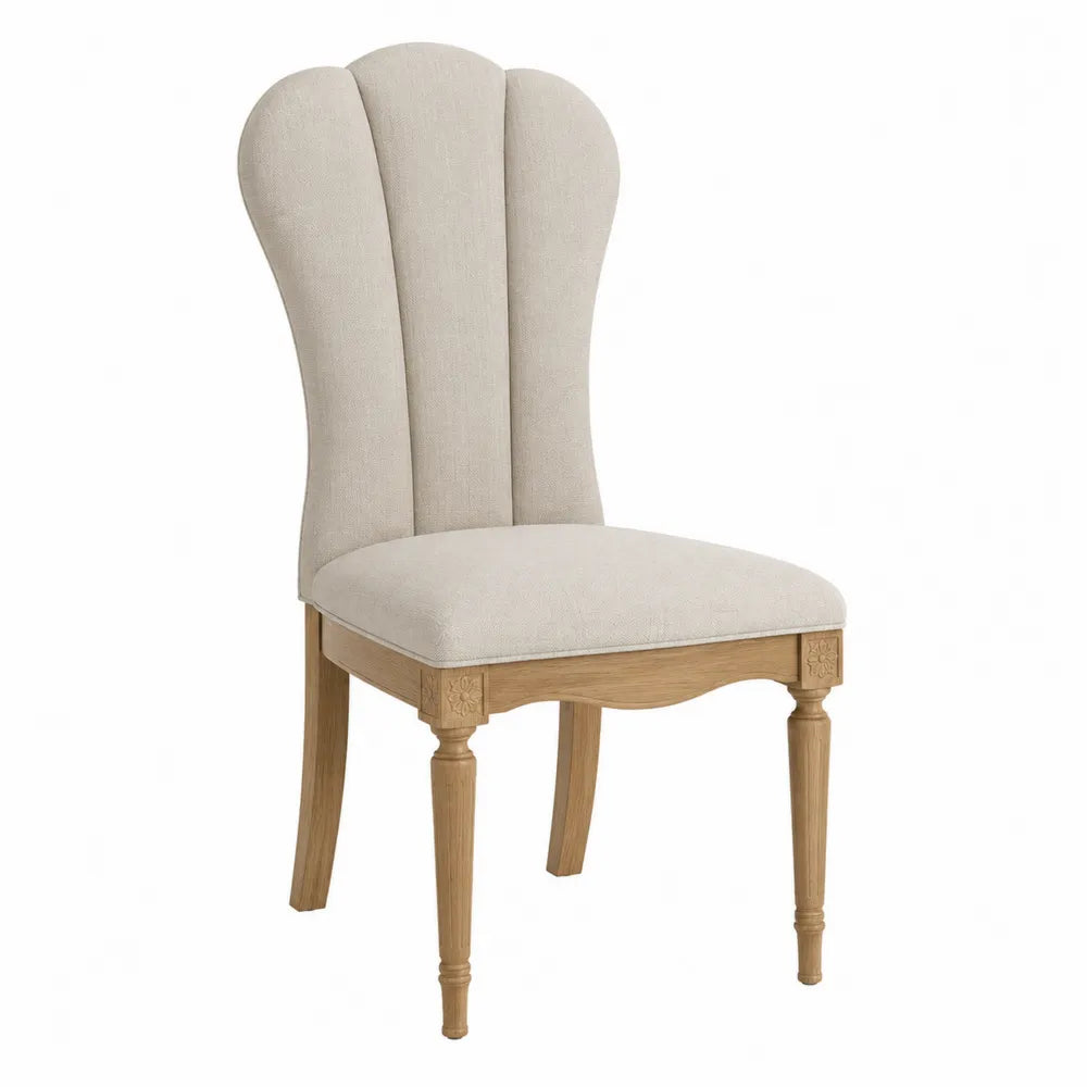Chaise de salle à manger 45 x 52 x 90 cm revêtement tissu beige avec structure en bois massif chêne naturel dossier forme coquille