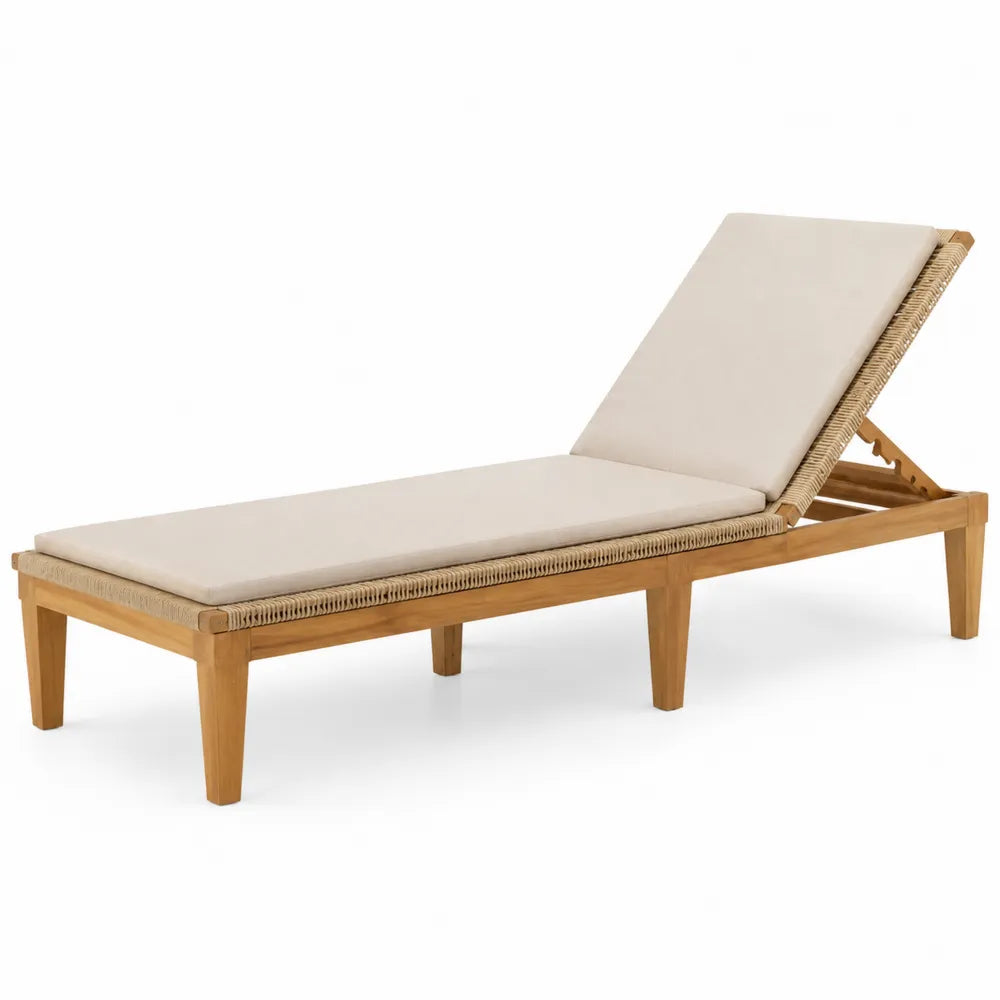 Bain de soleil de jardin réglable en bois d’acacia naturel avec cordage latéral beige et coussin écru 200 cm x 70 cm x 82 cm