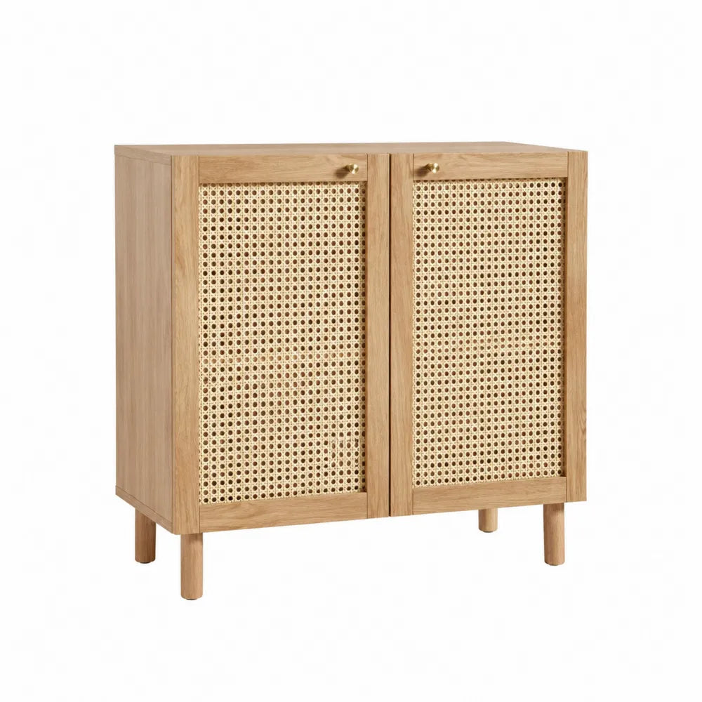 Buffet de rangement 2 portes en MDF placage chêne clair et cannage rotin naturel 80 x 35 x 80 cm