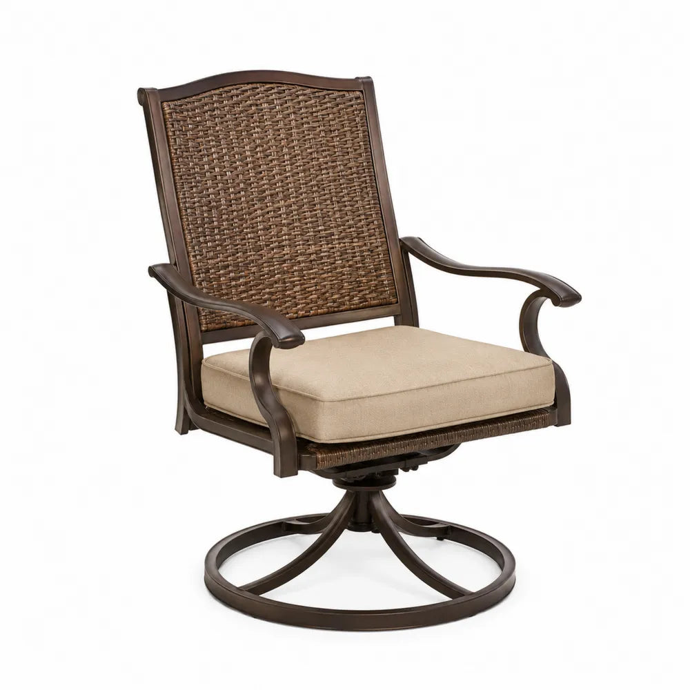 Chaise de jardin pivotante 66 x 75 x 90 cm en acier brun et résine tressée PE avec coussin écru