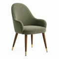 Chaise de salle à manger avec accoudoirs en polyester bouclé vert olive pieds en hévéa brun embouts dorés 58 cm x 60 cm x 84 cm