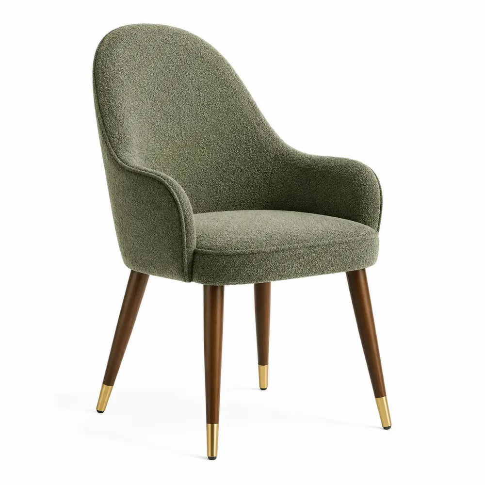 Chaise de salle à manger avec accoudoirs en polyester bouclé vert olive pieds en hévéa brun embouts dorés 58 cm x 60 cm x 84 cm