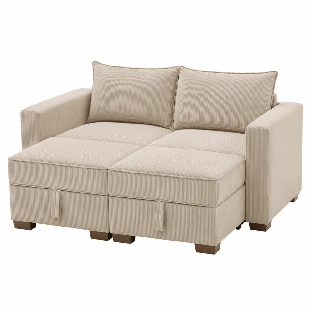 Canapé modulaire 2 places en tissu velours côtelé polyester beige 160 x 95 x 82 cm avec accoudoirs et coussins