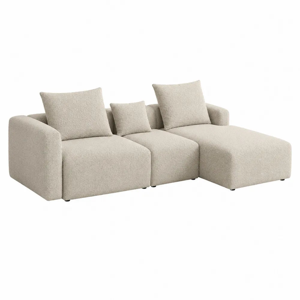 Canapé modulaire 3 places avec méridienne droite en polyester bouclé beige 270 x 160 x 84 cm structure bois