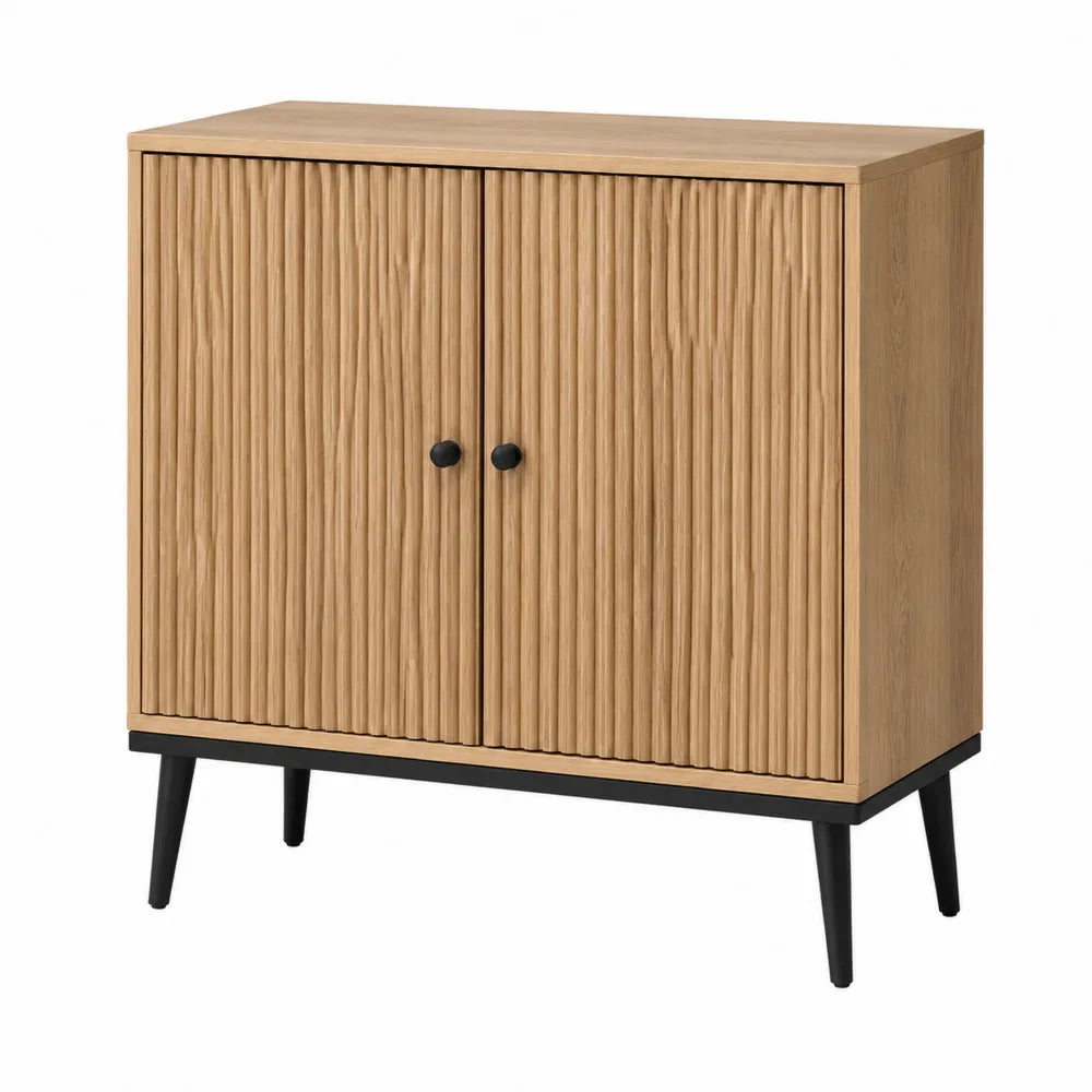 Buffet de rangement 2 portes en bois décor naturel avec pieds noirs 80 x 40 x 90 cm