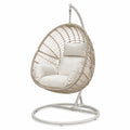 Fauteuil suspendu de jardin œuf avec support en résine tressée beige et acier 105 x 95 x 195 cm coussins écru