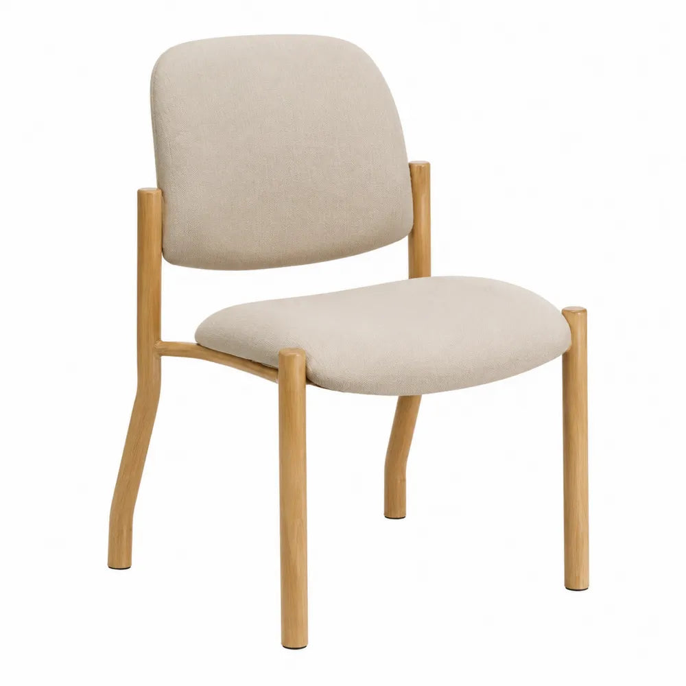Chaise visiteur fixe 52 x 56 x 82 cm bois d’hévéa massif chêne clair tissu polyester beige pieds bois avec patins noirs