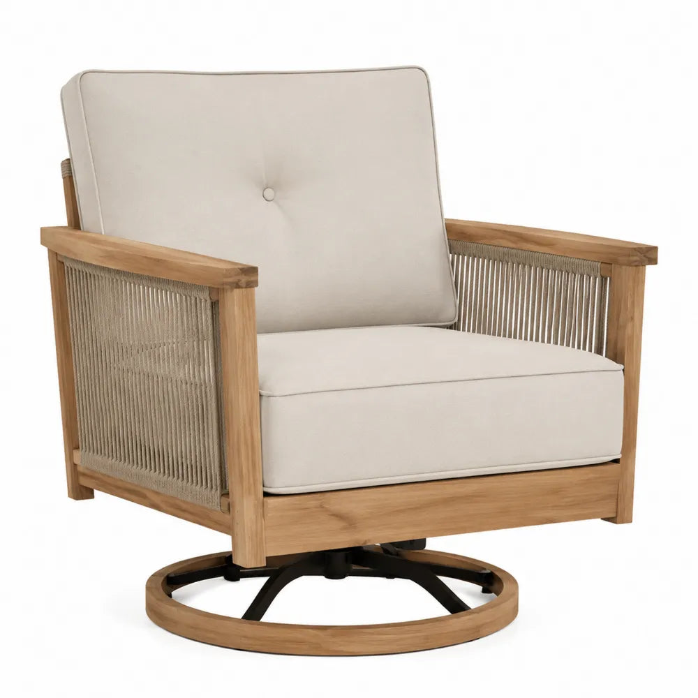Fauteuil de jardin pivotant 1 place en bois naturel avec corde tressée et coussin beige base circulaire 82 x 86 x 92 cm