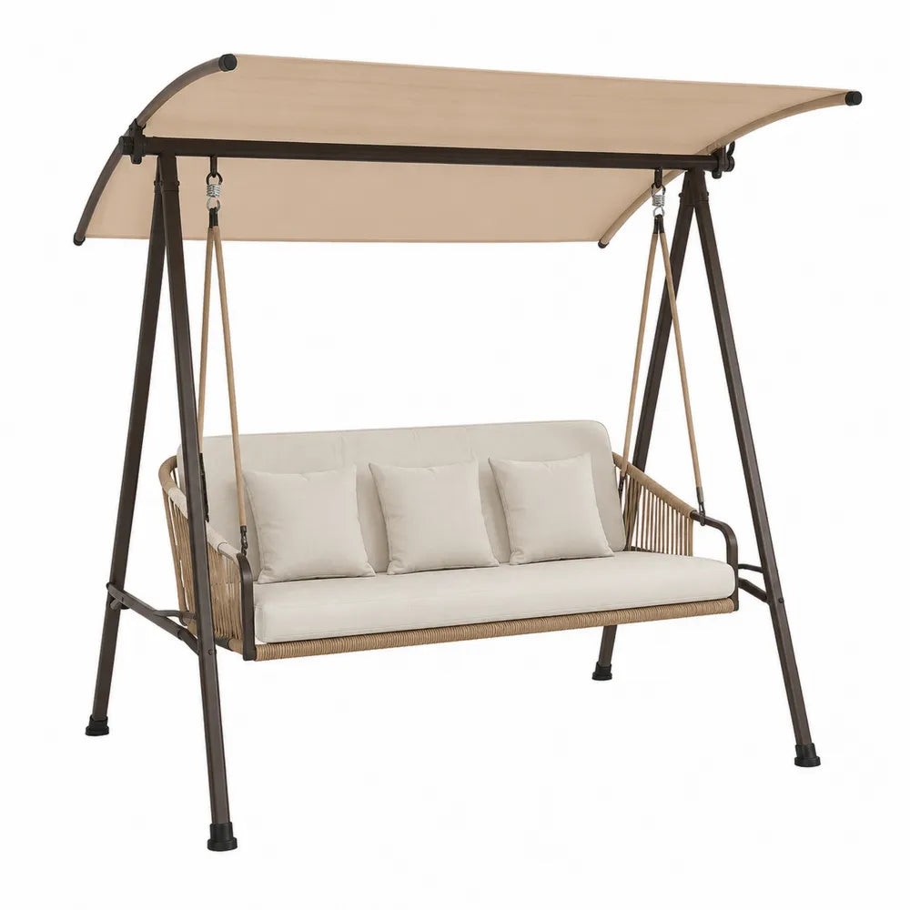 Balancelle de jardin 3 places avec auvent 220 x 120 x 170 cm structure acier brun foncé cordage beige et coussins écru